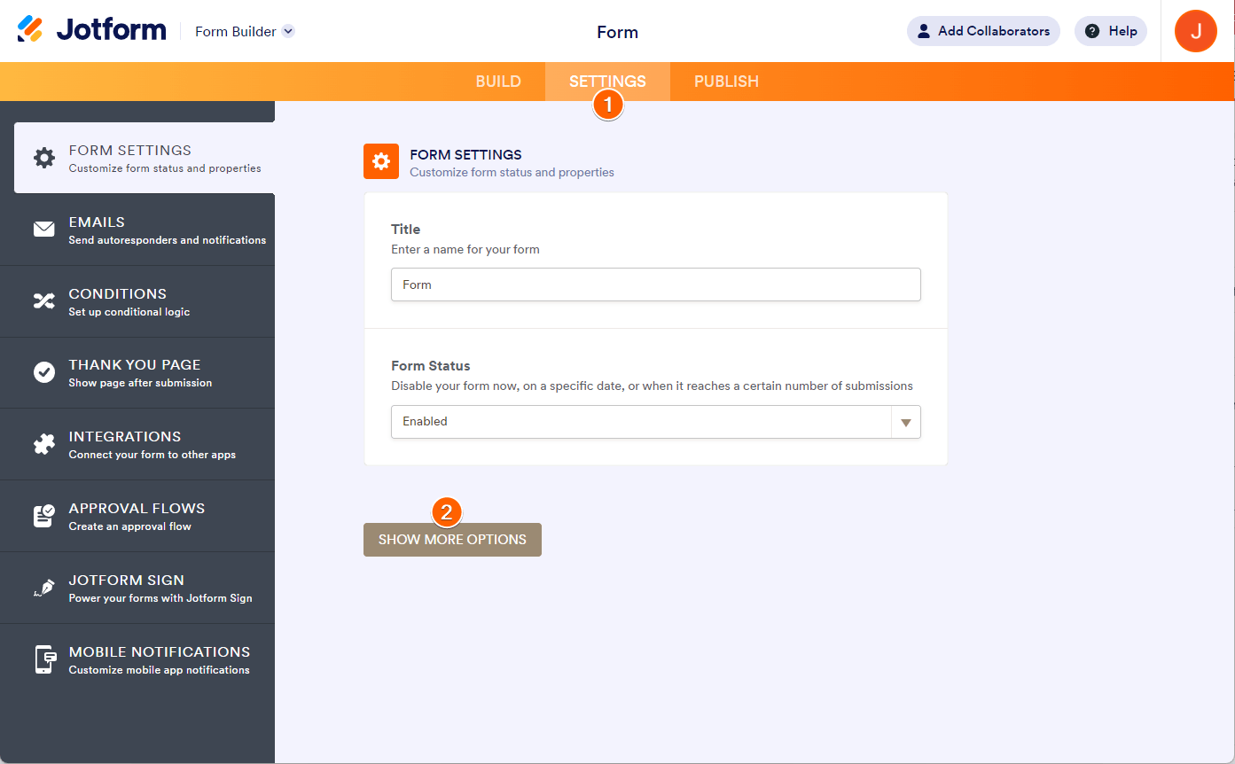 Pestaña de Configuraciones del Creador de Formularios de Jotform mostrando el botón Mostrar Más Opciones