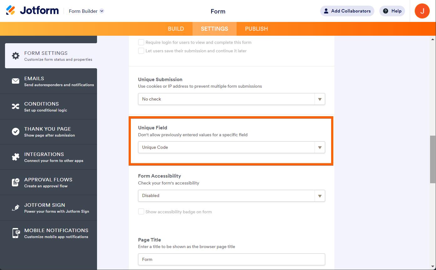 Opción Campo Único de las configuraciones del Creador de Formularios de Jotform