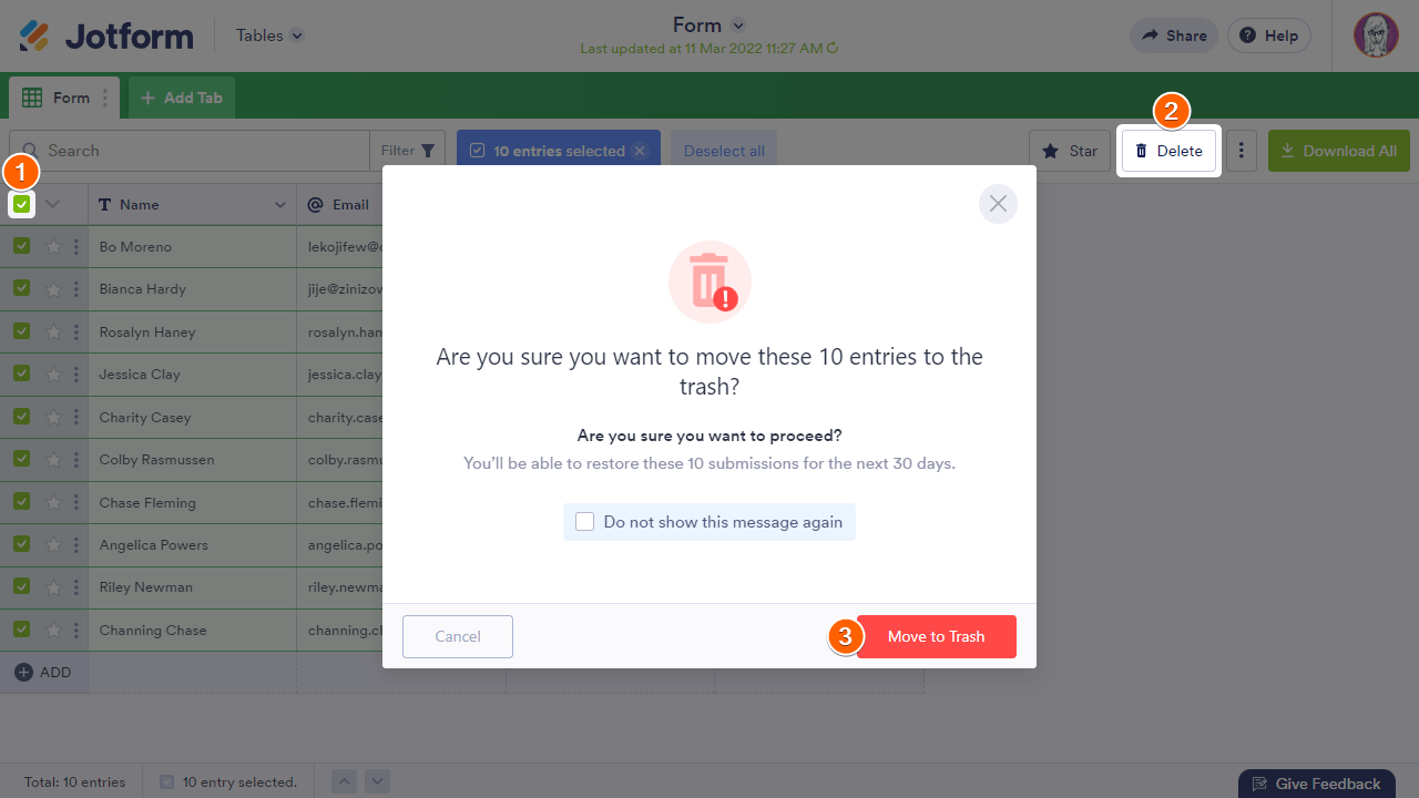 Steps to delete all entries in Jotform Tables