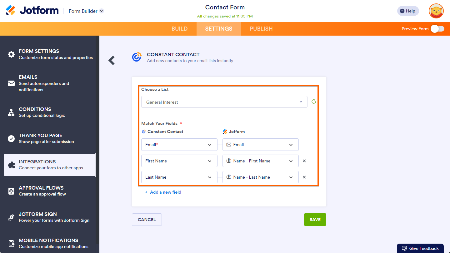 Capture d'écran de la page d'intégration Constant Contact dans le Générateur de formulaires Jotform avec un encadré autour de la zone de configuration d'une liste pour faire correspondre les champs