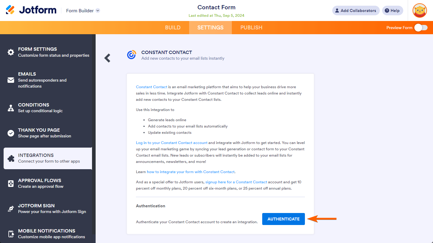 Authenticate button in the Constant Contact integration settings of the Form Builder