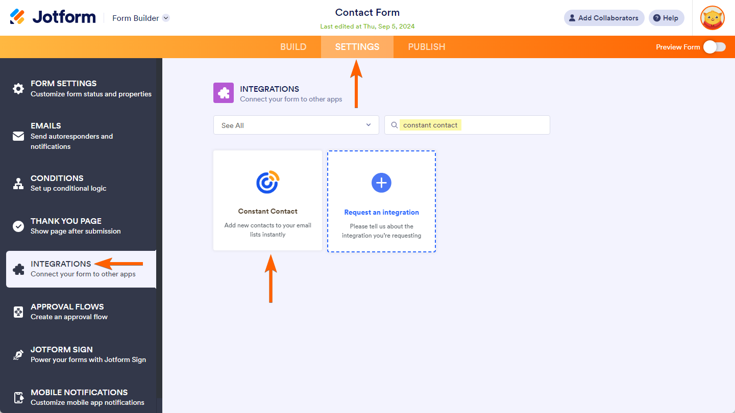 Constant Contact option in the Integration Settings of the Form Builder