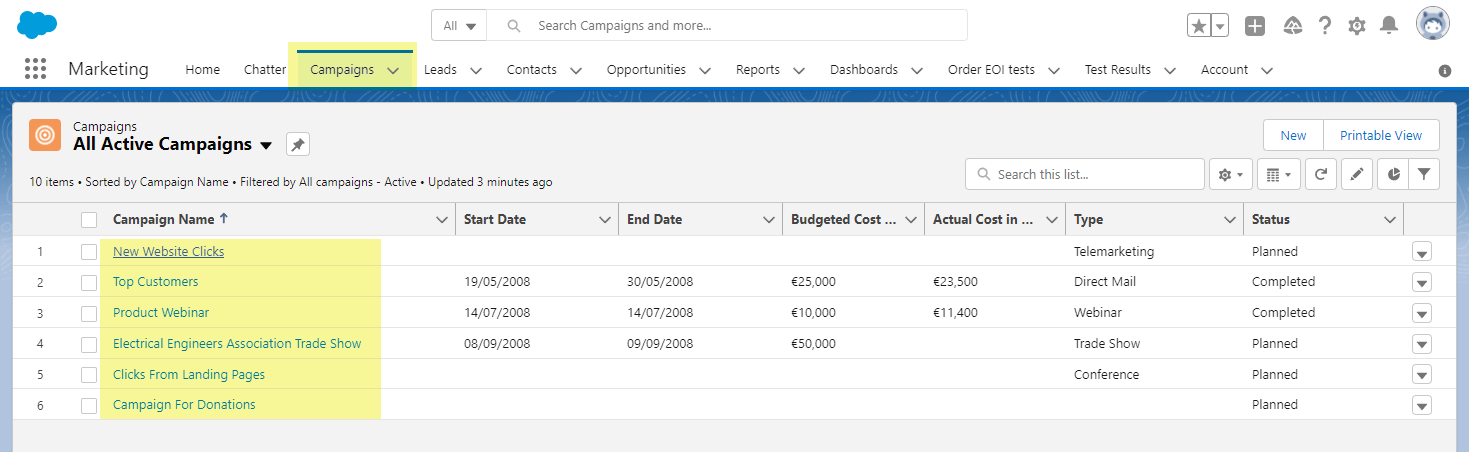 Campaigns Tab of the Salesforce Account Highlighting Campaign Names