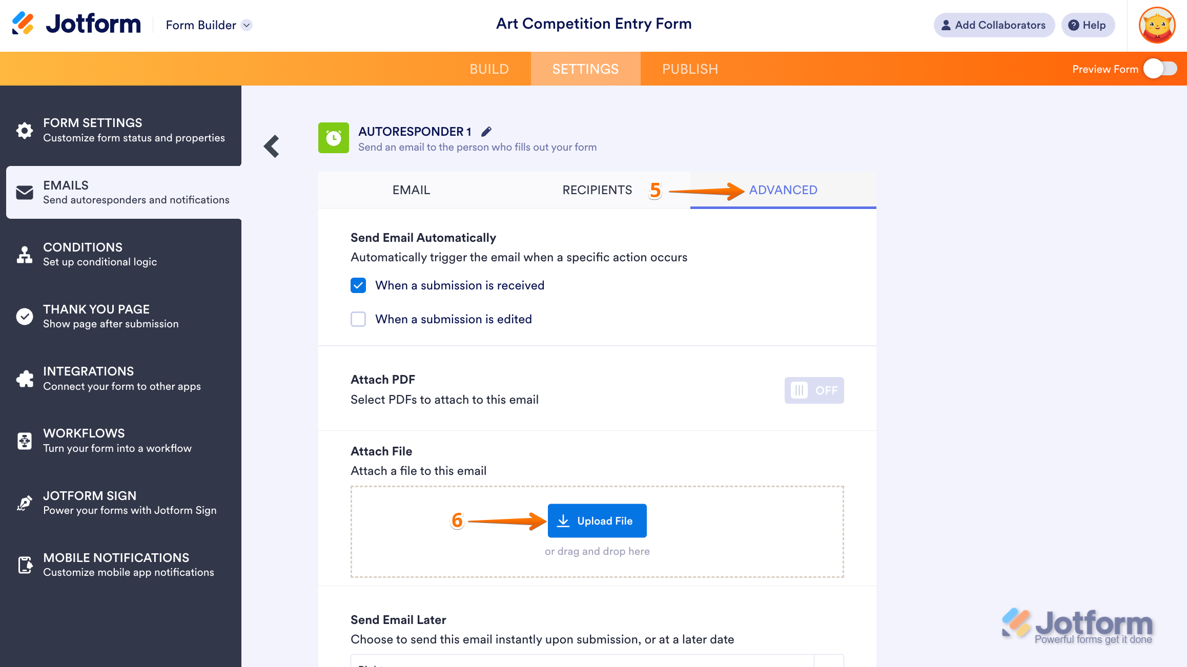 Jotform Autoresponder Email settings with the 'Advanced' tab selected, showing the 'Attach a File' section and the 'Upload File' button to add an attachment to the autoresponder email