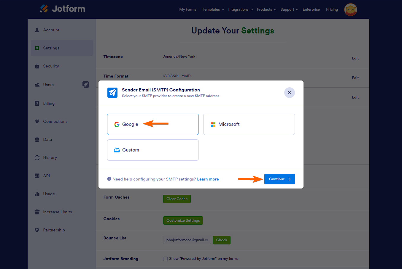 Google option in the SMTP Configuration window