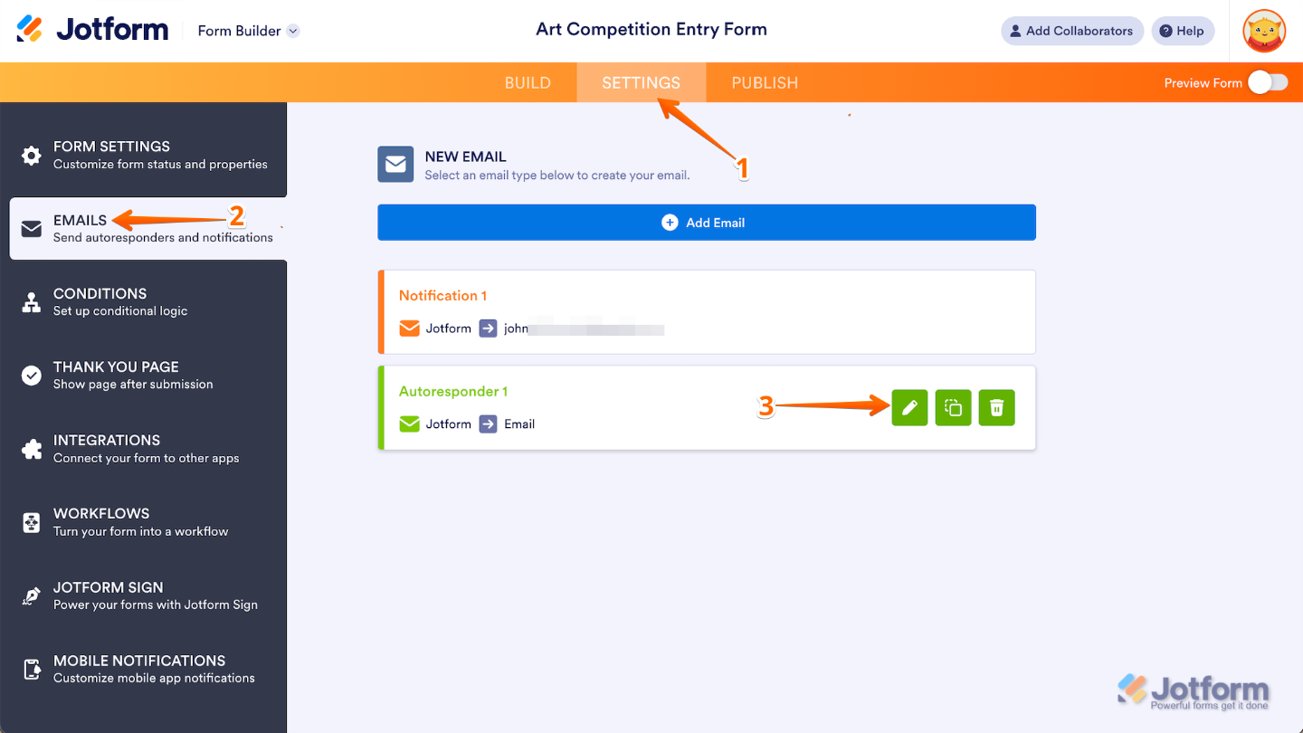 Form Settings, selecting Emails from the left menu, and editing the Autoresponder Email by clicking the pencil icon