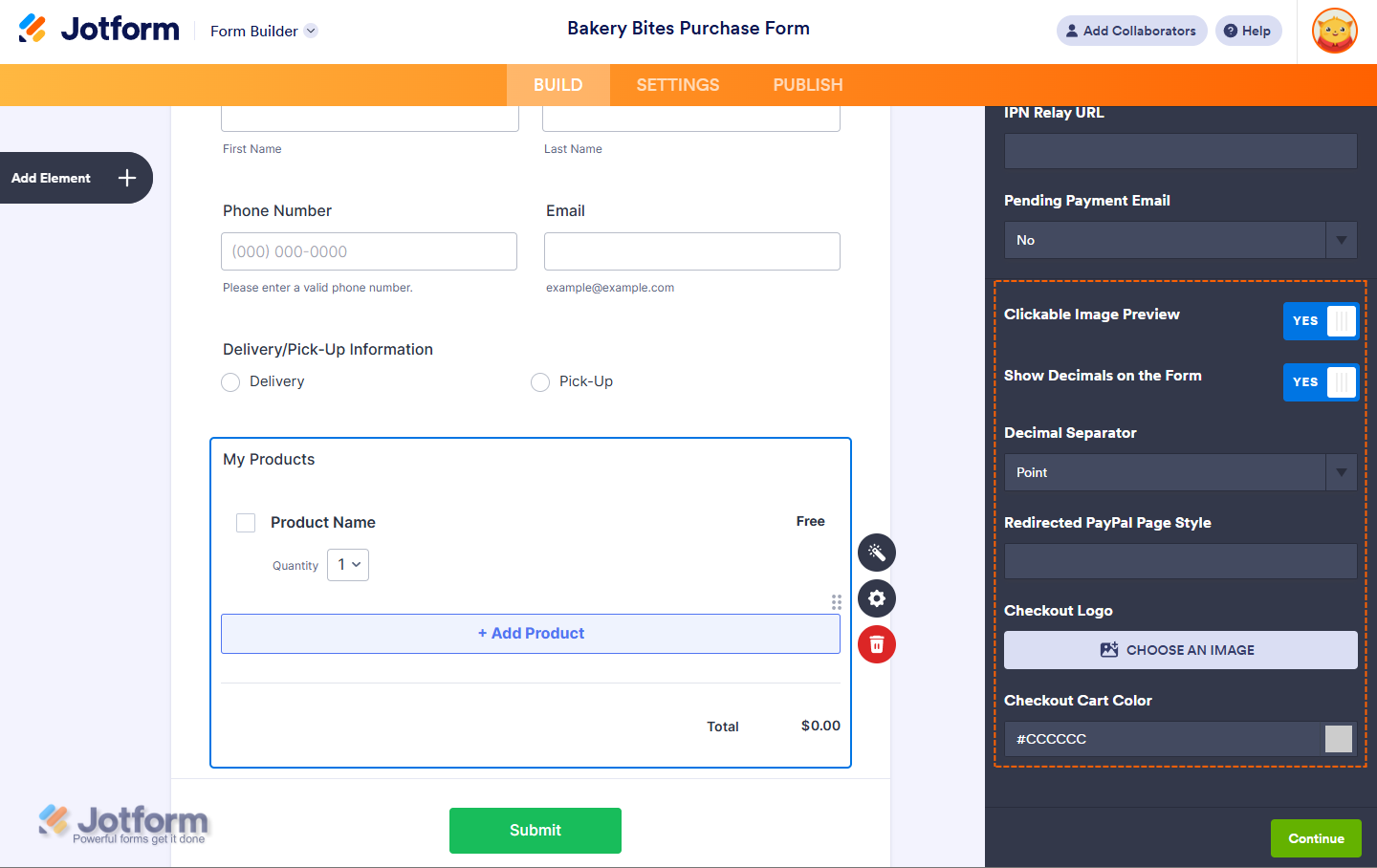 Enabling clickable product images, decimal display, and customizing PayPal checkout settings like logo and cart color in Jotform