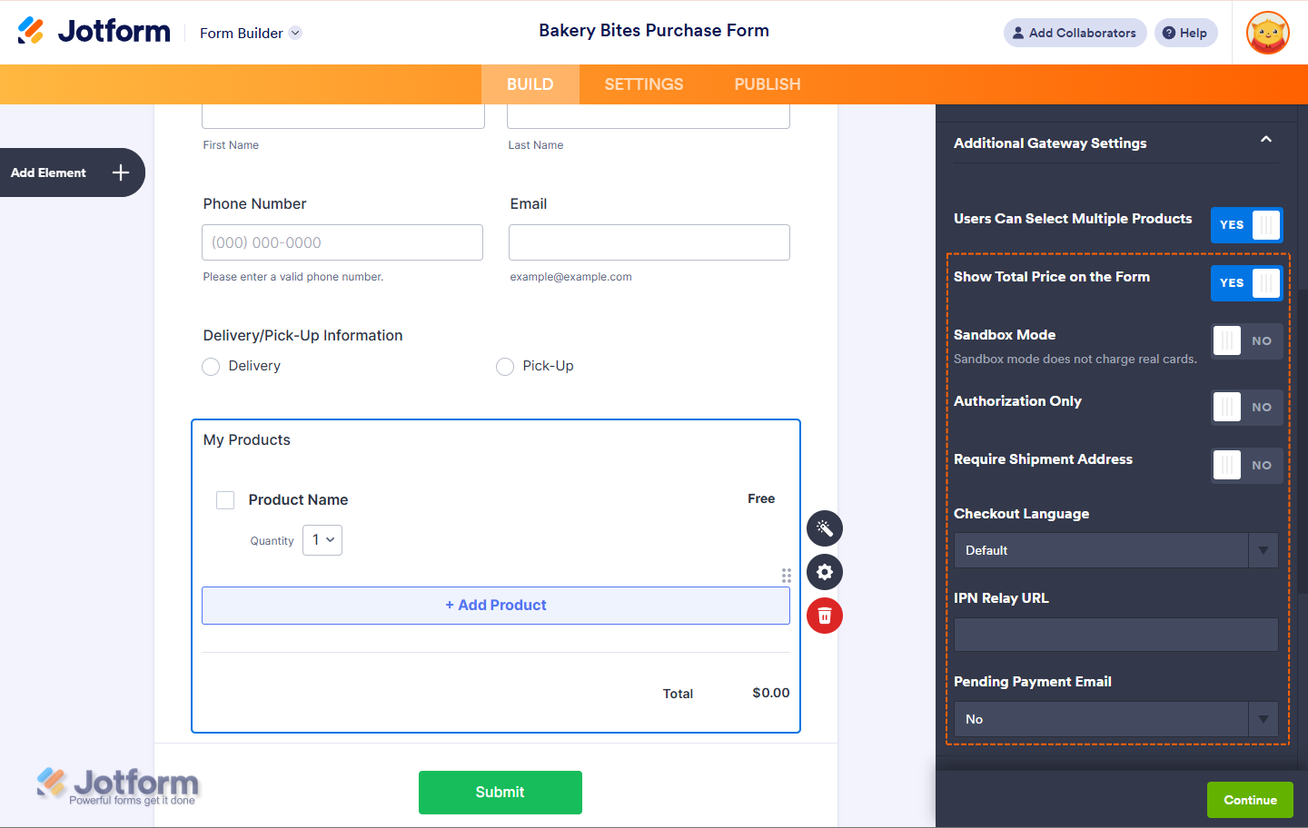 Accessing Additional Gateway Settings to configure display options, sandbox mode, authorization and other option settings in Jotform