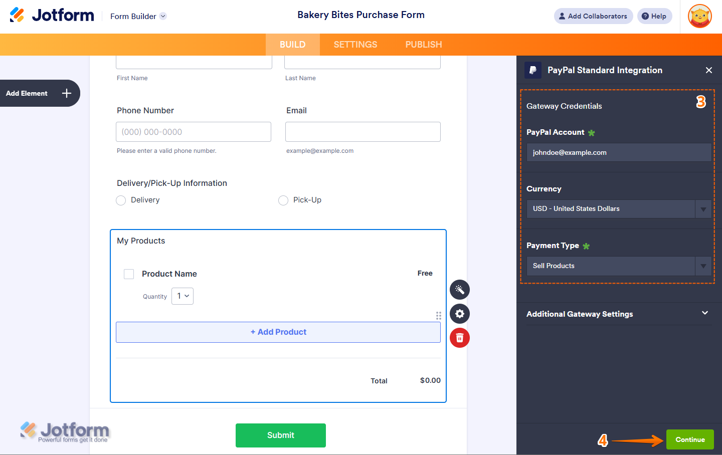 Selecting PayPal Account, Currency, and Payment Type settings in the PayPal Standard integration in Jotform