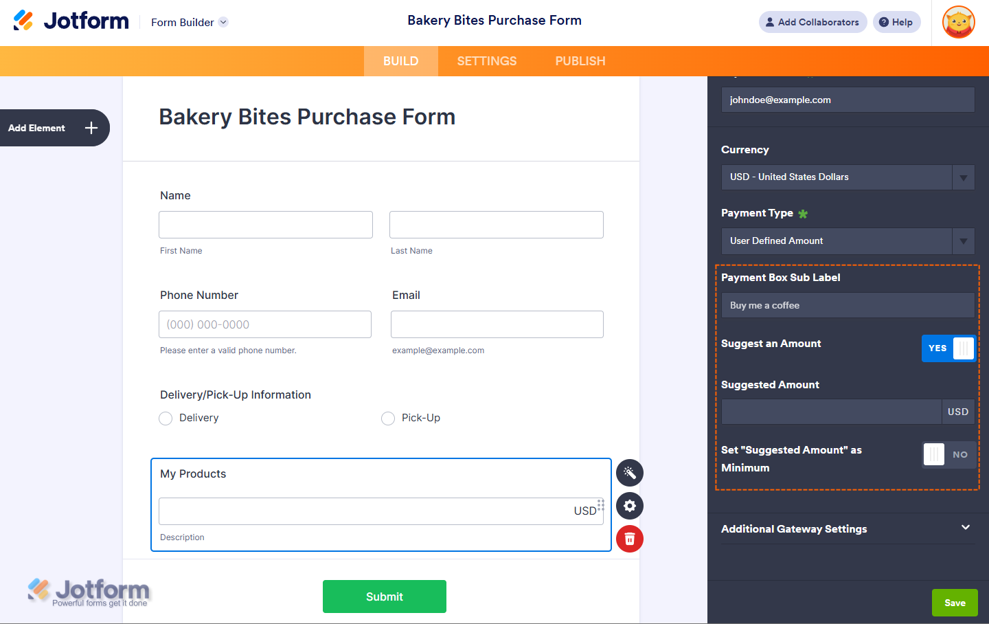 Save for User-Defined Amount and Collect Donations in Jotform.
