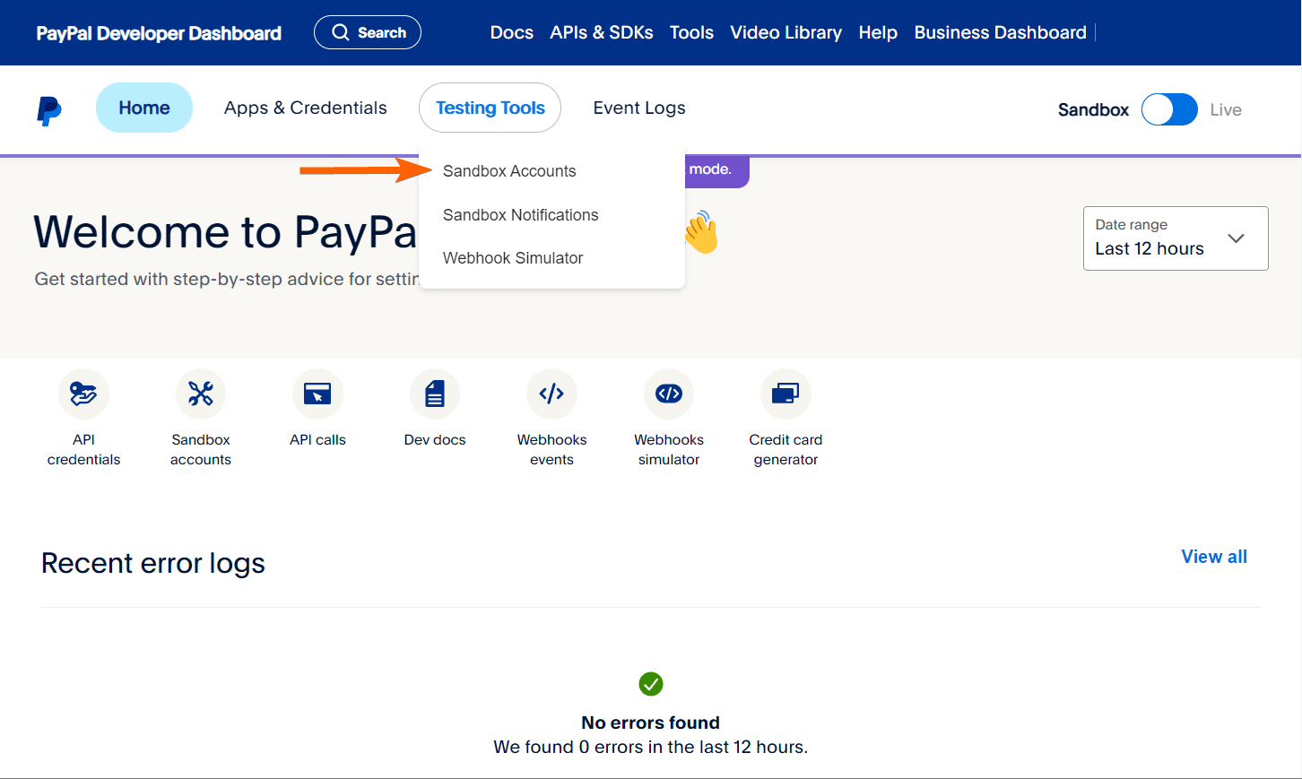 Sandbox Accounts menu on PayPal Developers dashboard