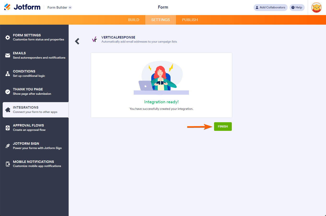 Finish button in the VerticalResponse integration settings