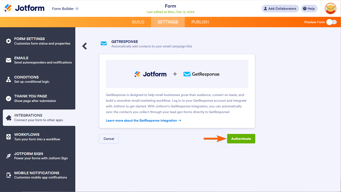 Botón de Autenticación de GetResponse a Jotform