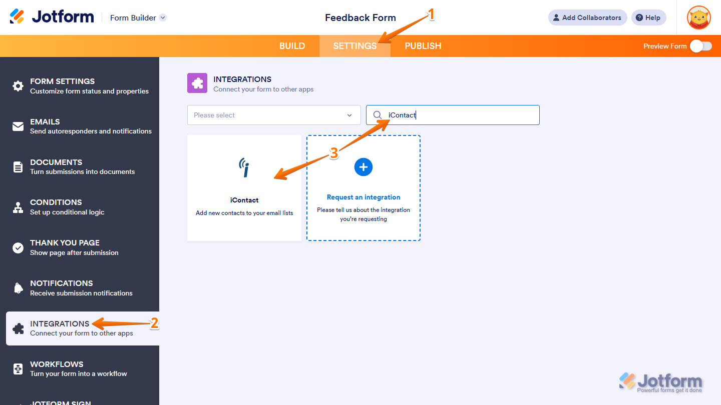 iContact option in Integrations section under the Settings tab in Jotform Form Builder
