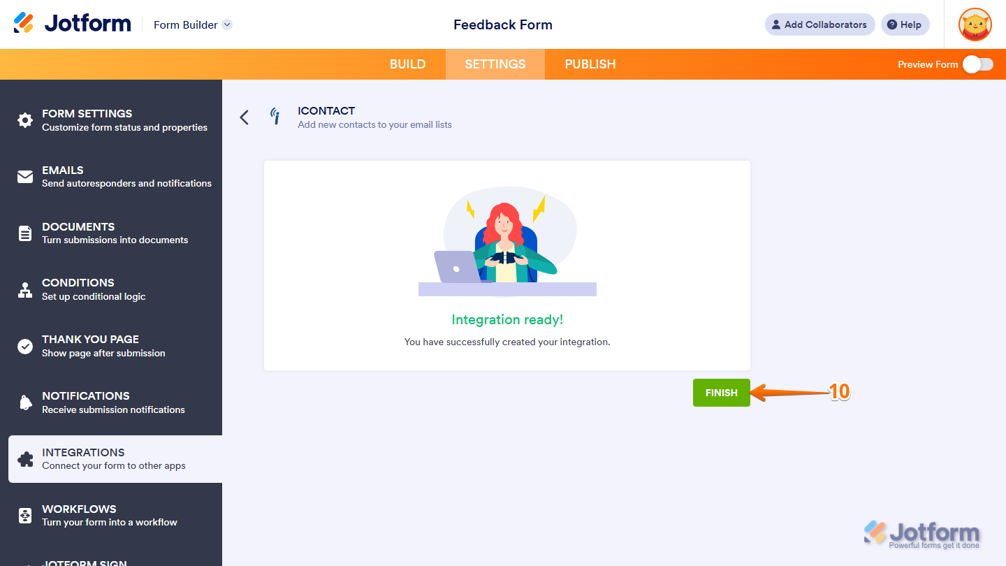 Finish button in iContact section under the Settings tab in Jotform Form Builder
