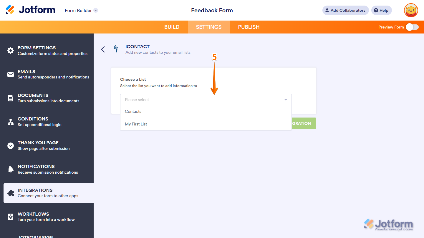 Choose a List Dropdown menu in iContact Integration Settings under the Settings tab in Jotform Form Builder
