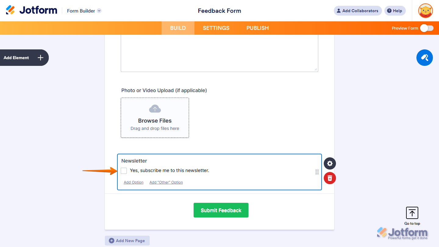 Newsletter field automatically added in Jotform Form Builder