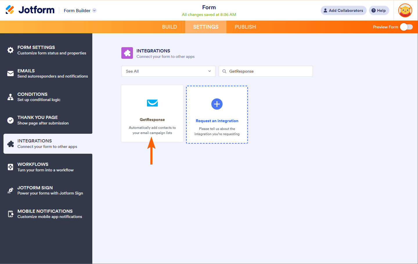 Seleccionando GetResponse como Integración de Jotform