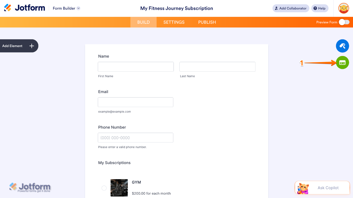 Form Builder interface showing the Credit Card icon selected from the right-side toolbar
