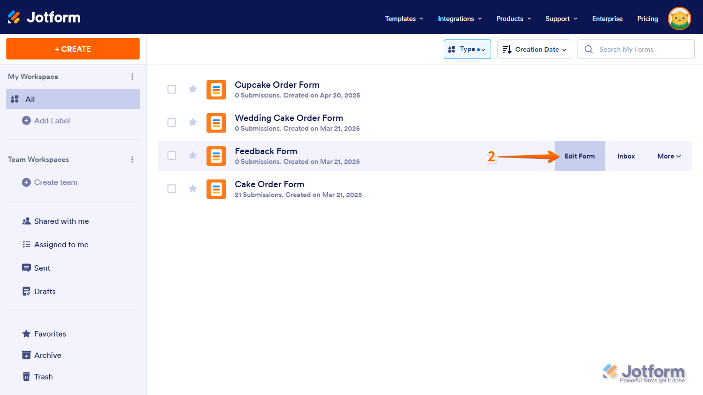 Edit Form button of a form on the Jotform My Workspace page