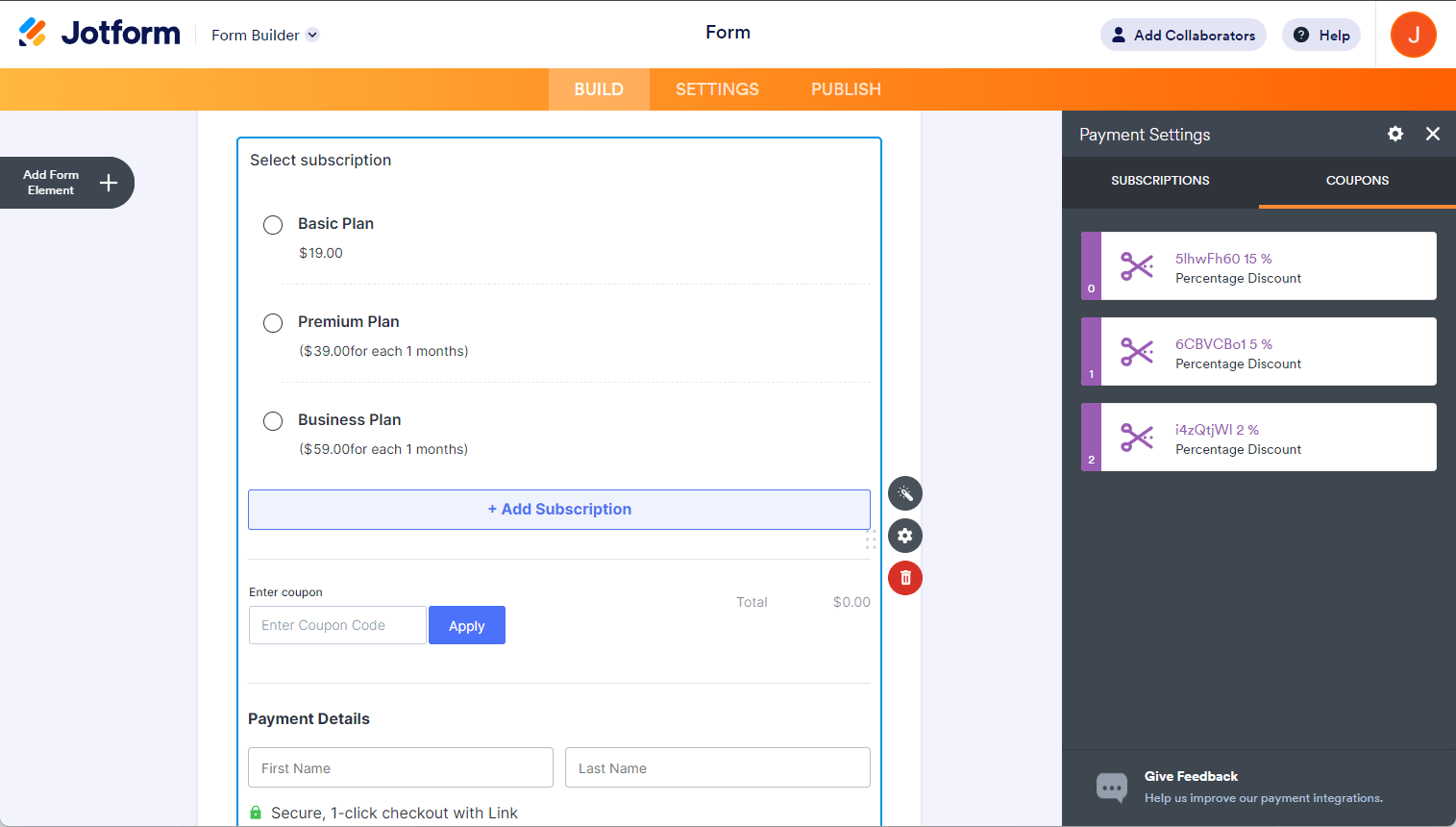 Lista de Códigos de Cupón bajo la pestaña Cupones de las Configuraciones de Pago de Stripe en el Creador de Formularios de Jotform