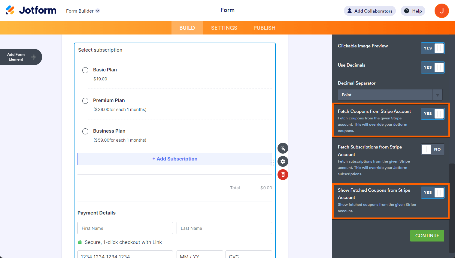 Opciones de Obtener Cupones en la configuración de pagos de Stripe a través del Creador de Formularios de Jotform