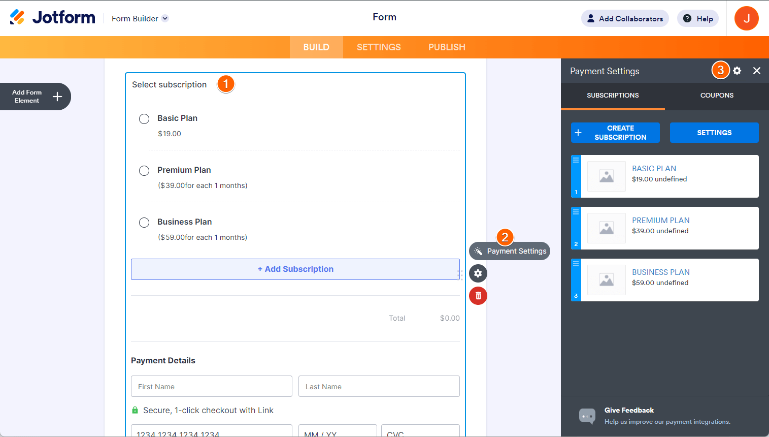Configuraciones de Pago de Stripe en el lado derecho del Creador de Formularios de Jotform