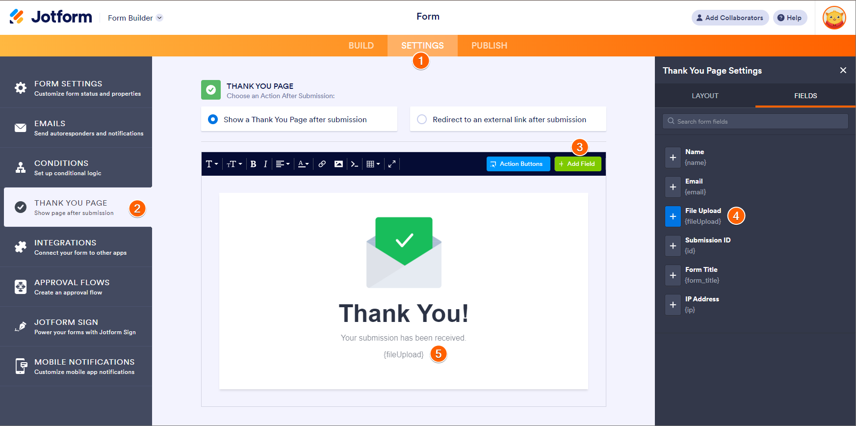 Thank You Page settings in the Jotform Form Generator with the File Upload field