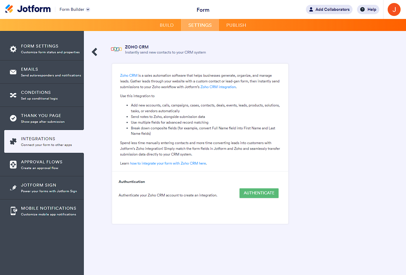 Botón de autenticar con Zoho CRM a través de las integraciones de Jotform