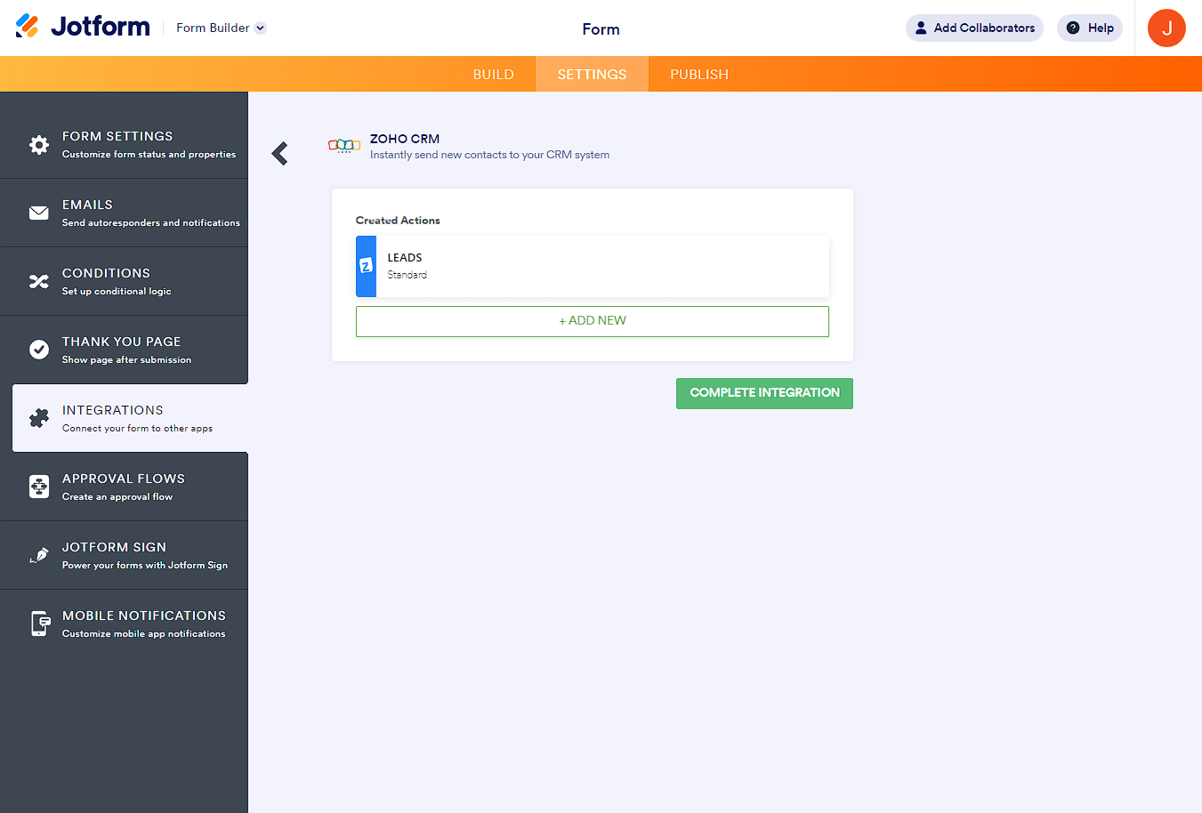 Botón Completar Integración en la integración de Zoho CRM
