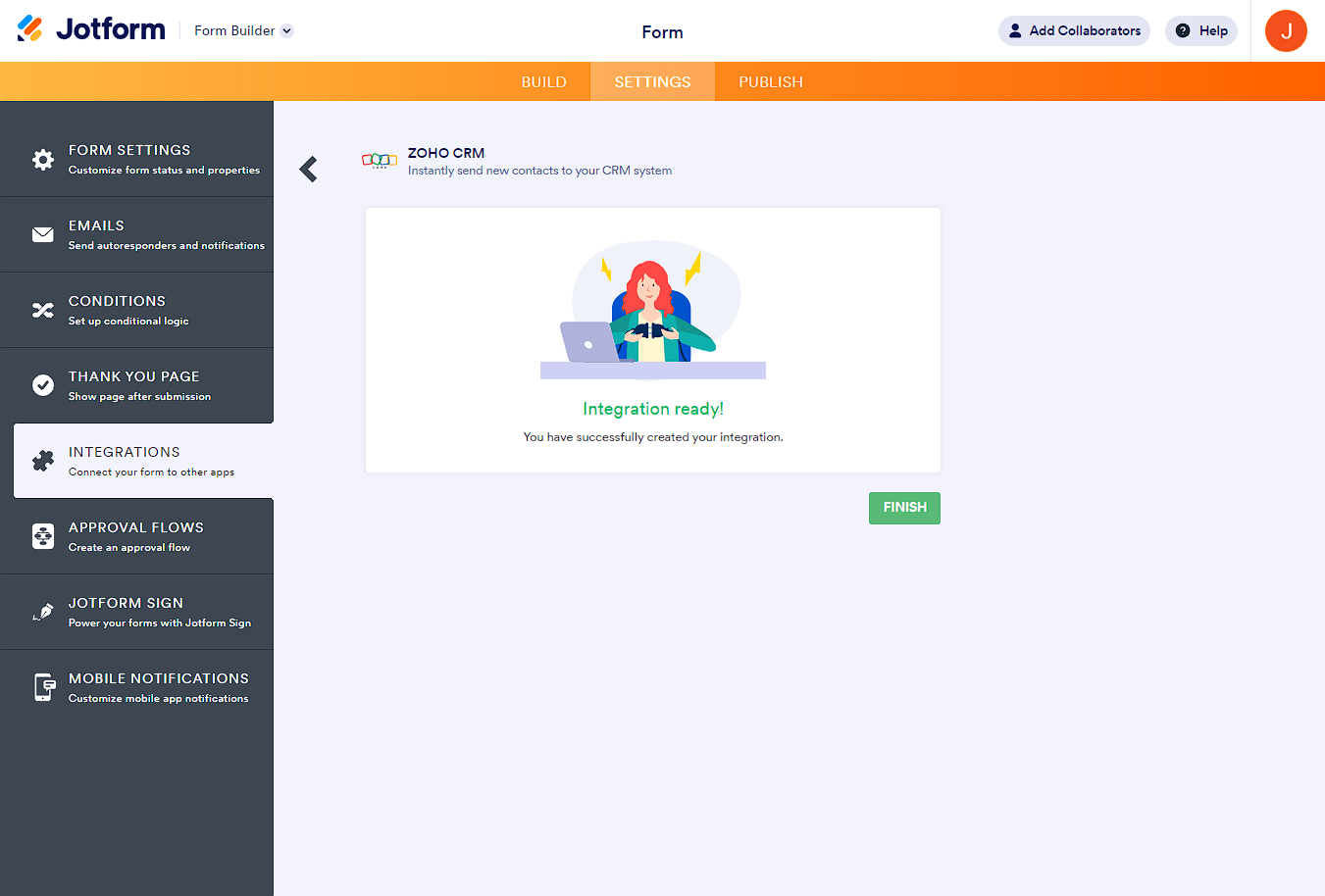 Botón Finalizar en la integración de Zoho CRM indicando que la integración está lista