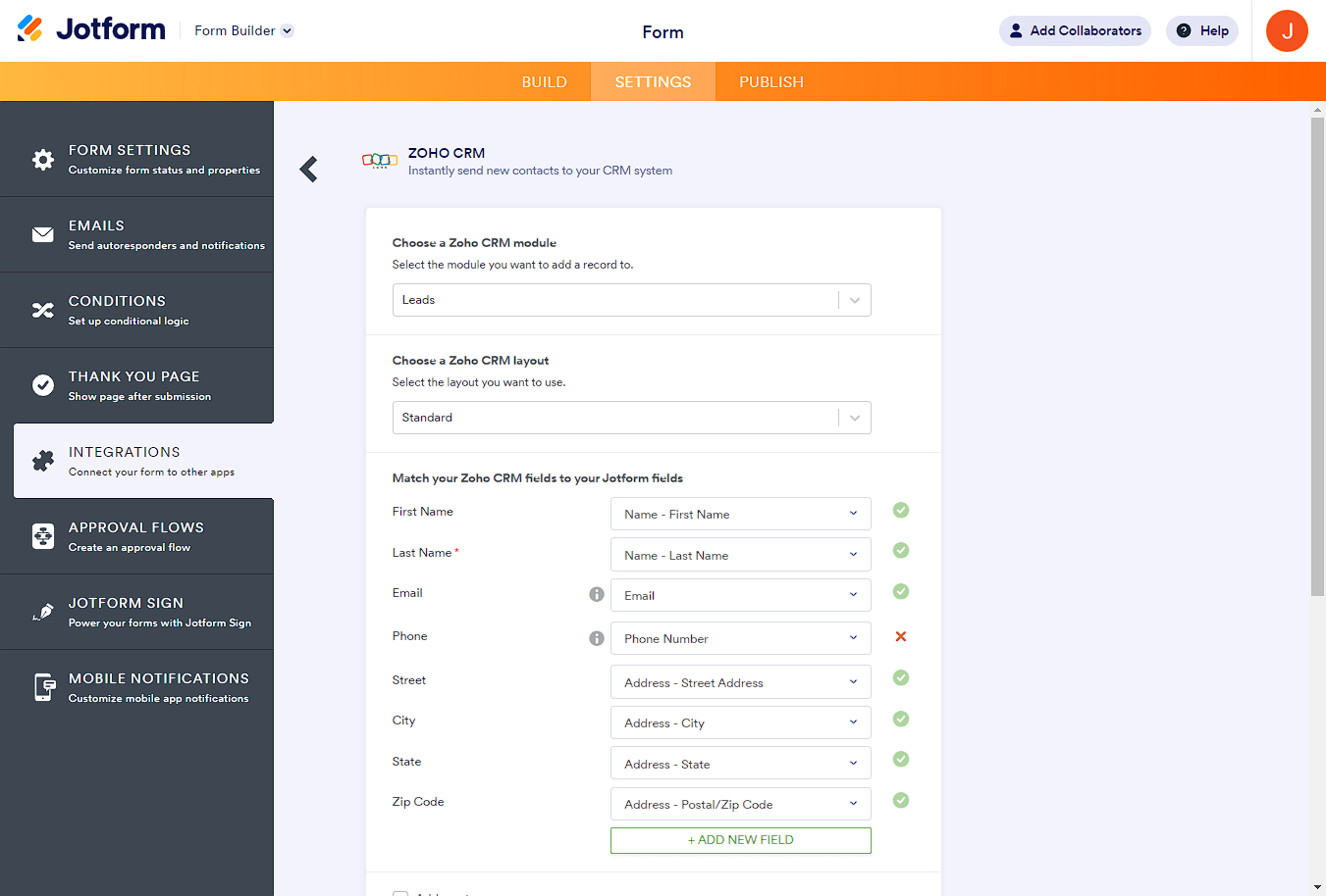 Emparejamiento de campos a través de la integración de Jotform con Zoho CRM