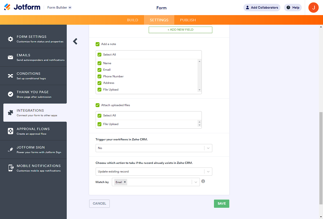 Opciones adicionales en la integración de Jotform con Zoho CRM mostrando las Notas, Carga de Archivos y activación de flujos de trabajo