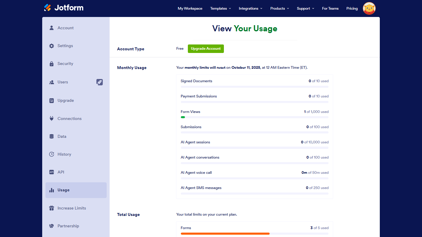 Account Usage details in My Account settings