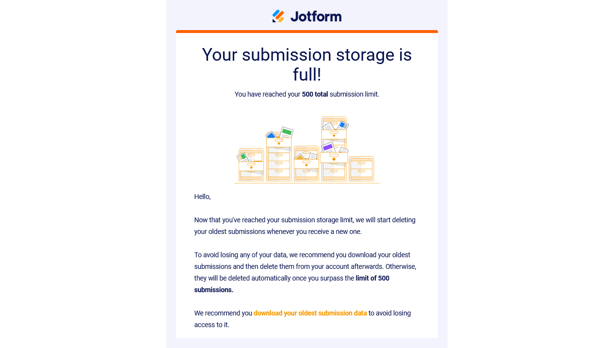 Jotform's submission storage full email