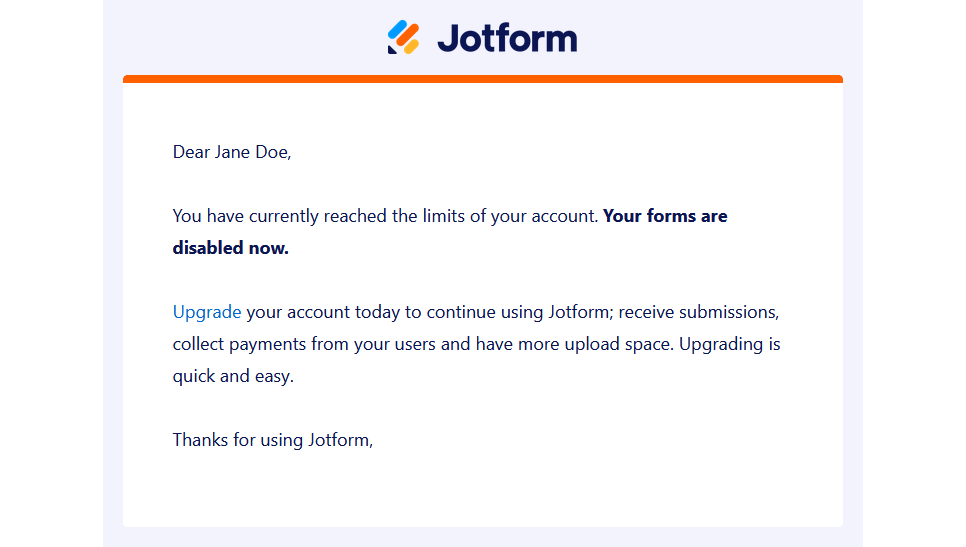 Jotform's  disabled forms notification email