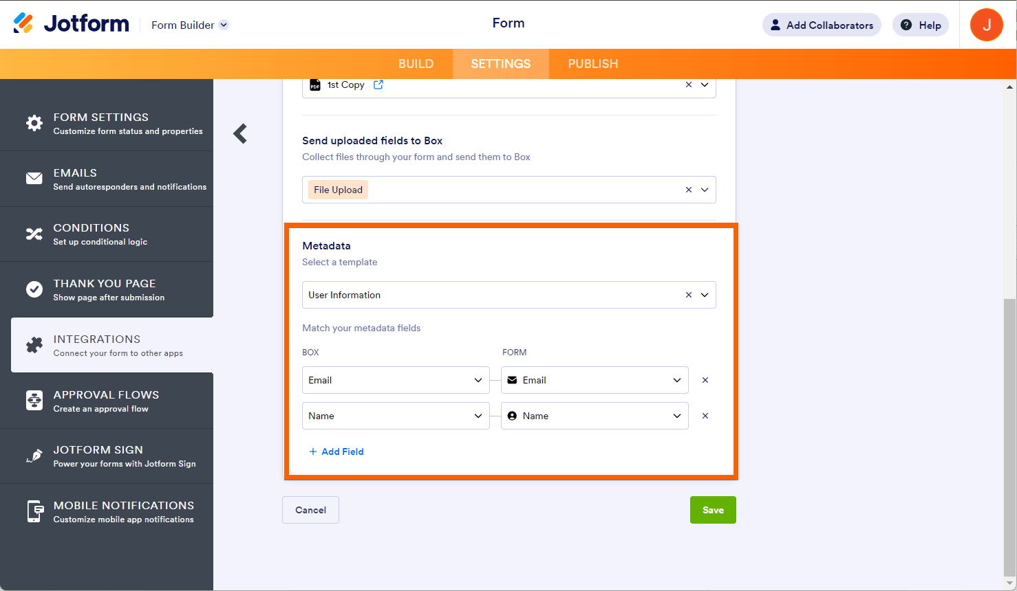 Sección de metadatos de la integración de Box en Jotform