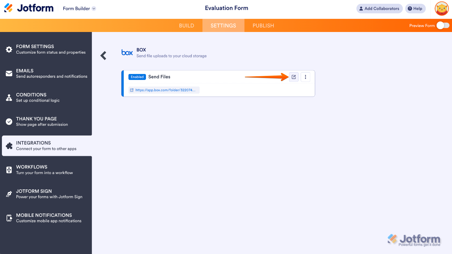 User clicking the Edit button on a connected Box integration in Jotform to configure Metadata settings