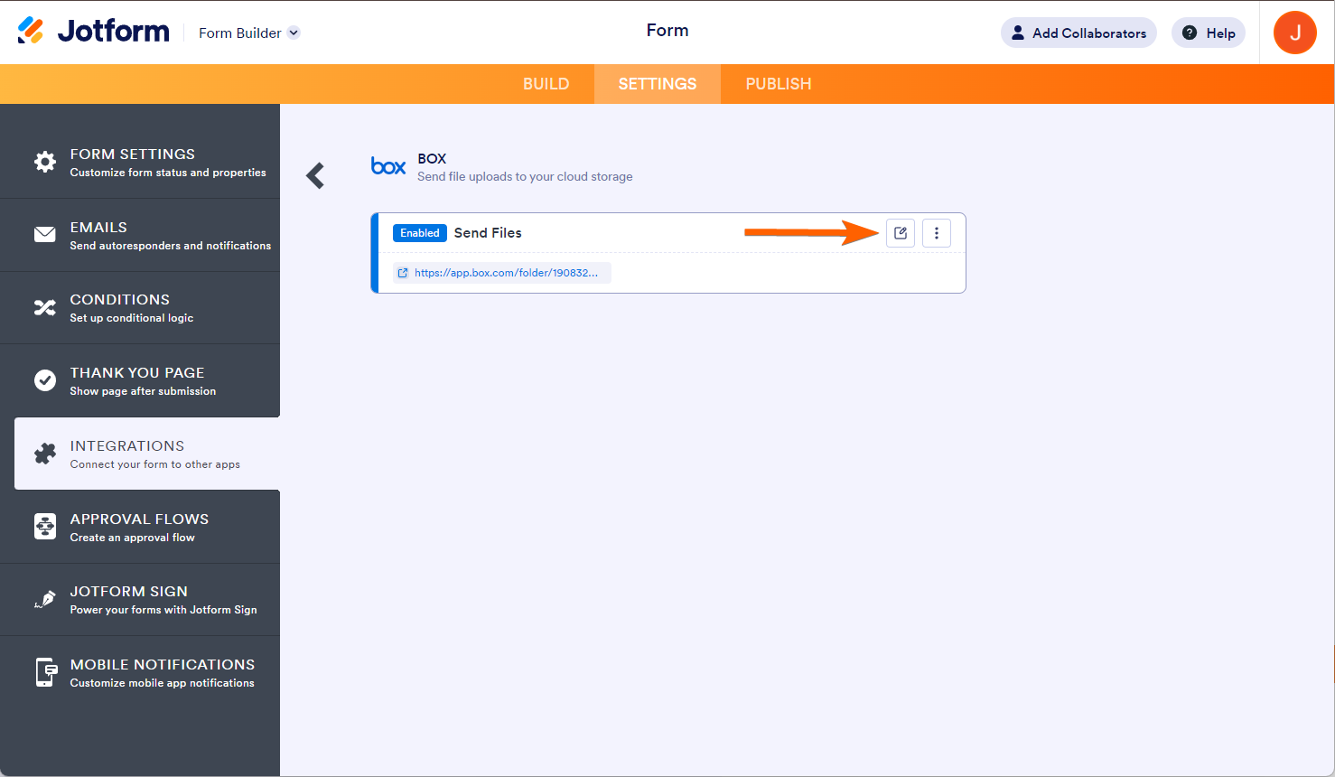 Icono de editar integración en las configuraciones de integración de Box en Jotform