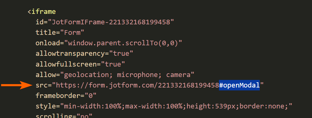 The open modal tag in an iframe embed code