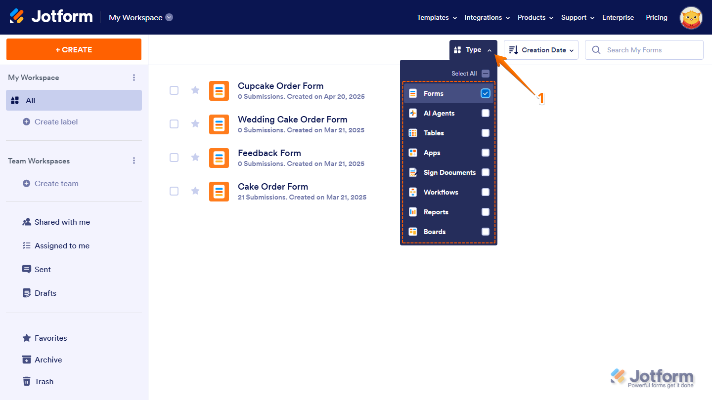Forms option checked in the Type dropdown menu on the Jotform My Workspace page