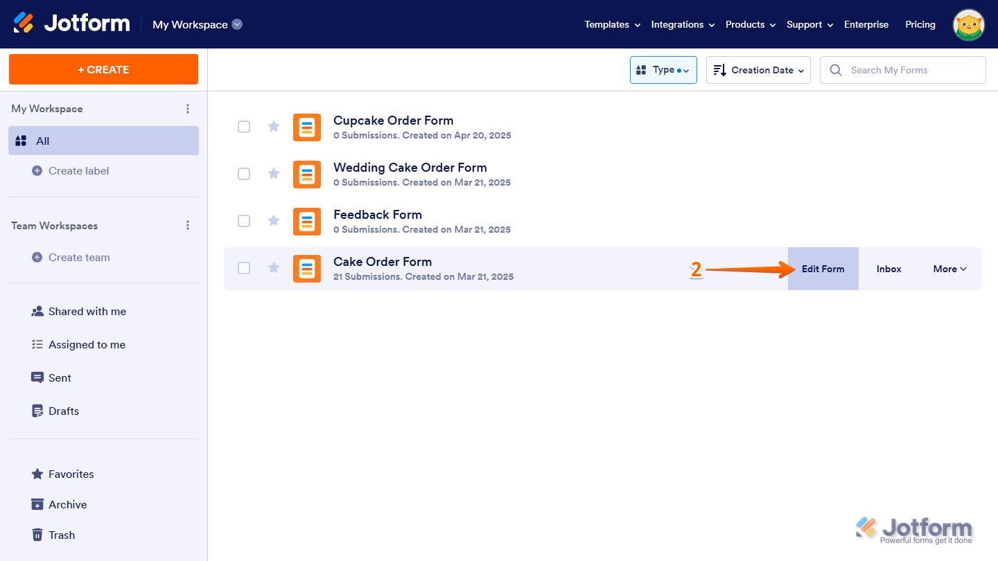 Edit Form button of a form on the Jotform My Workspace page