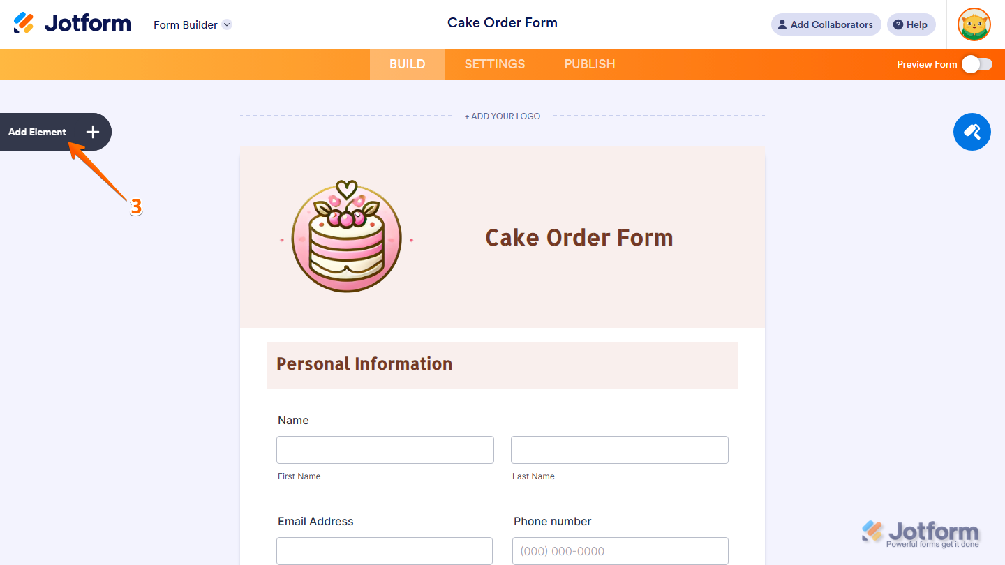 Add Element button in Jotform Form Builder