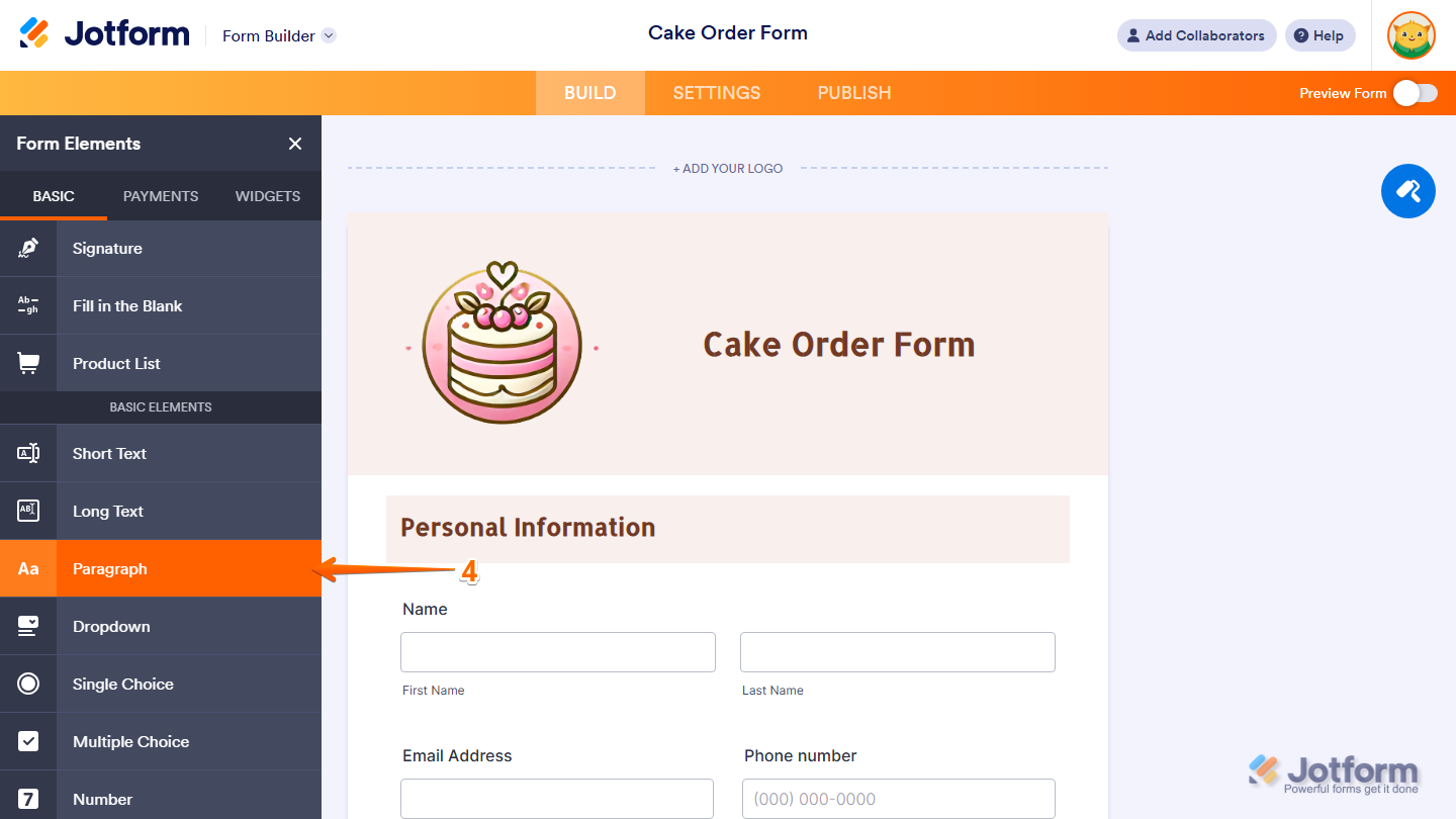 Paragraph Element in the Basic tab of the Form Elements menu in Jotform Form Builder