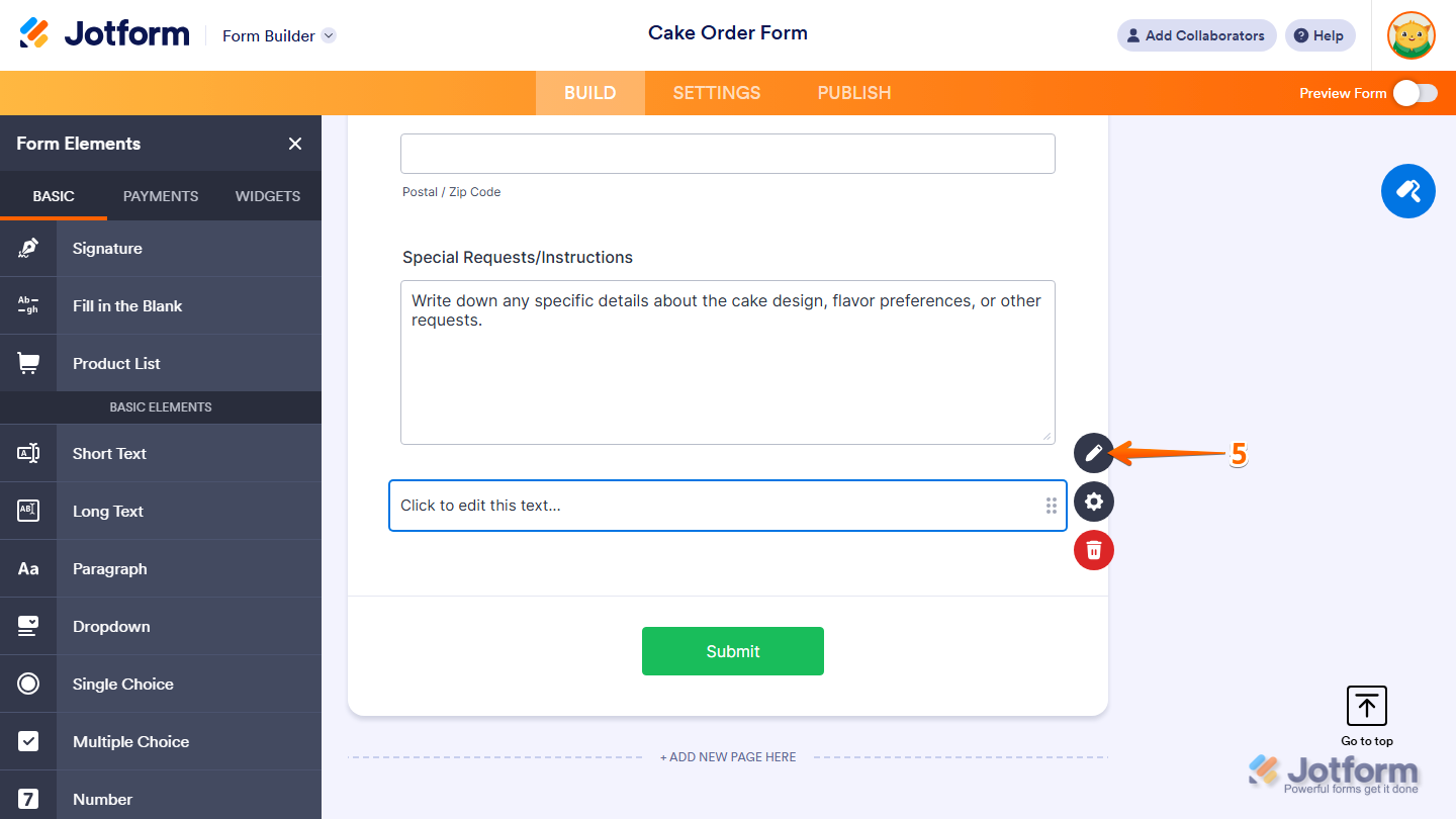 Paragraph field Edit button in Jotform Form Builder