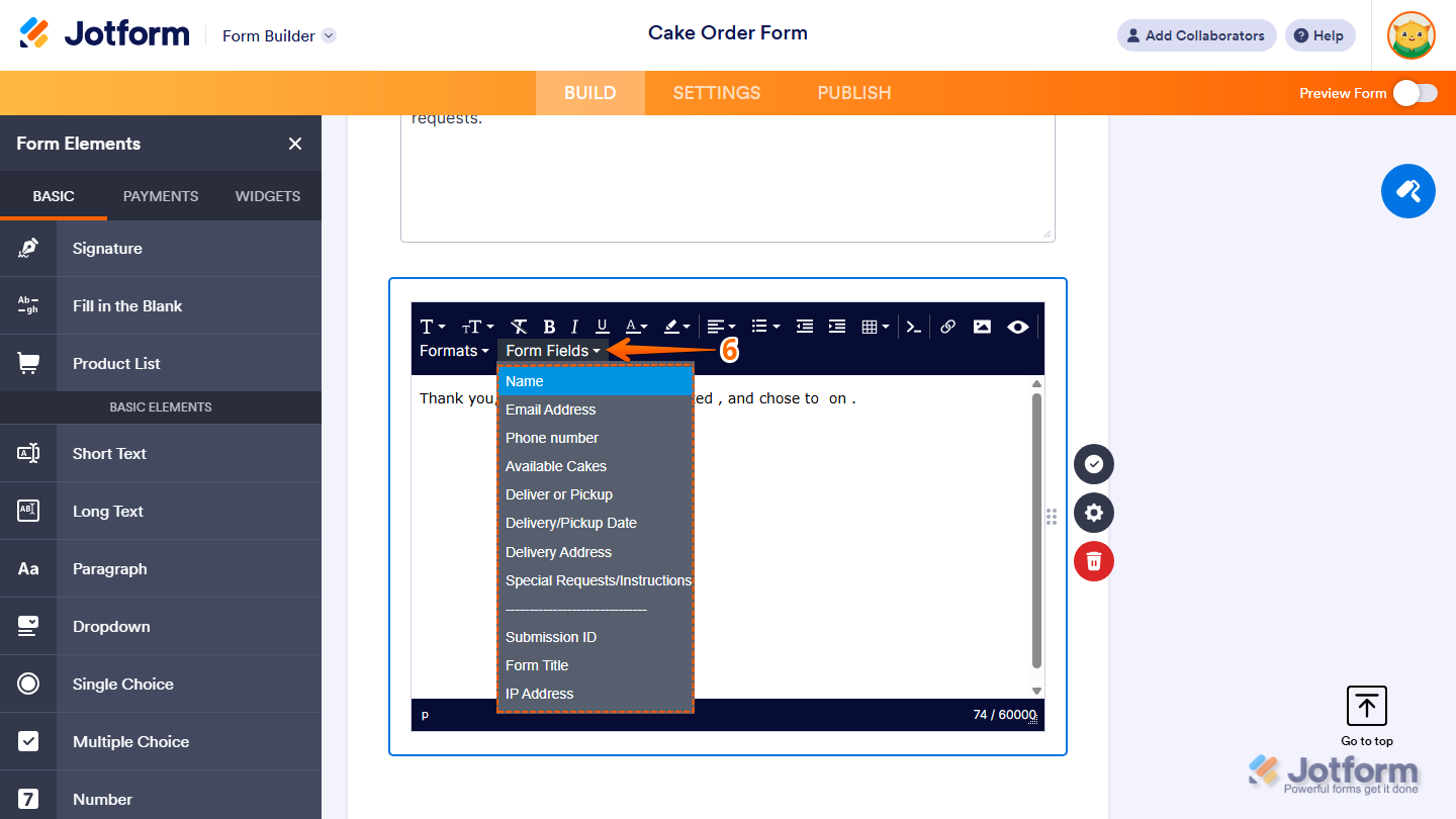 Form Fields Dropdown menu in the Paragraph field toolbars in Jotform Form Builder