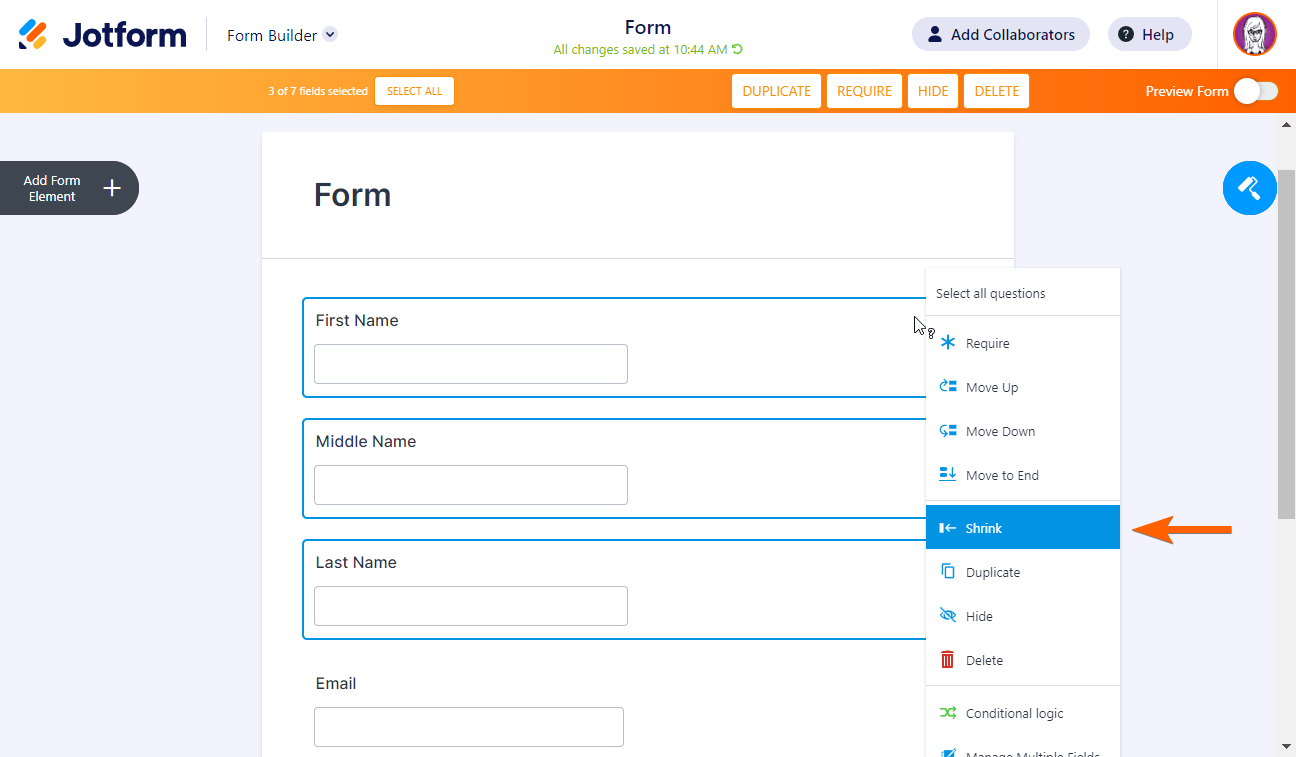 The Shrink option in Jotform Form Builder's context menu