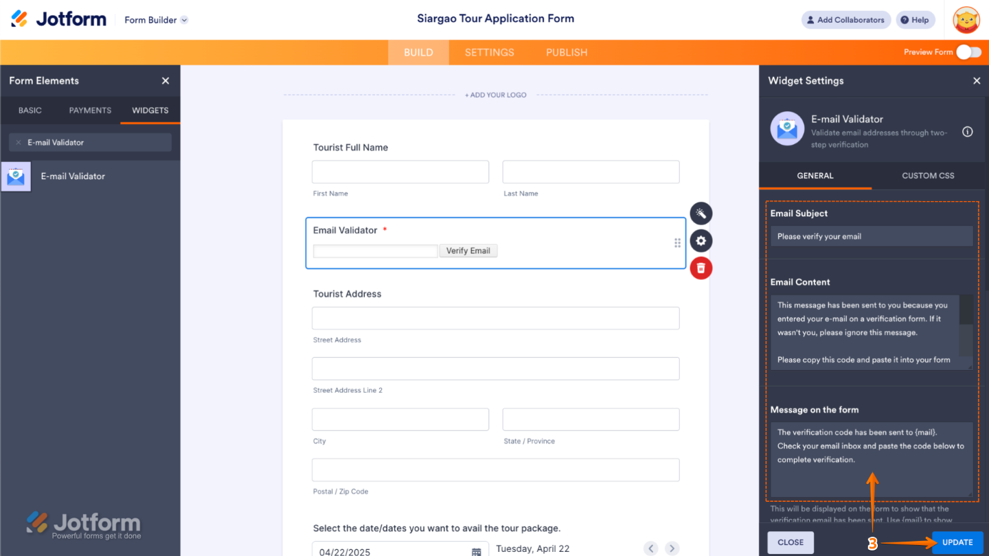 Configuring the E-mail Validator widget settings in Jotform by entering subject, content, and post-submission message before clicking Update