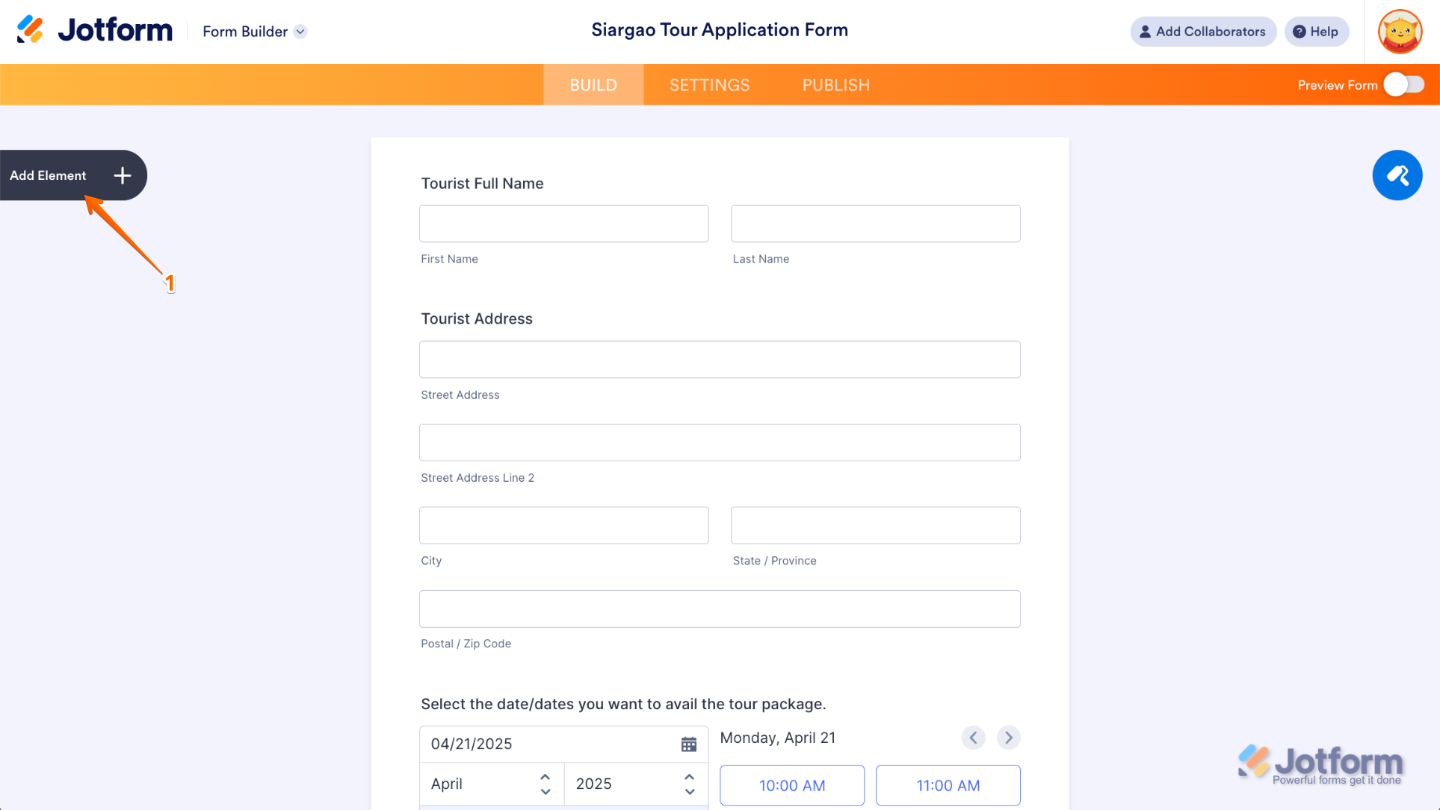 User interface showing the Add Element menu open in Jotform Form Builder