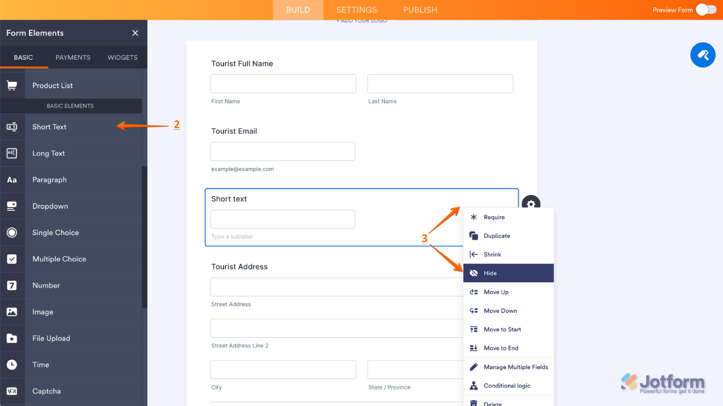 Adding and hiding the Short Text element in Jotform by selecting Hide from the right-click dropdown menu